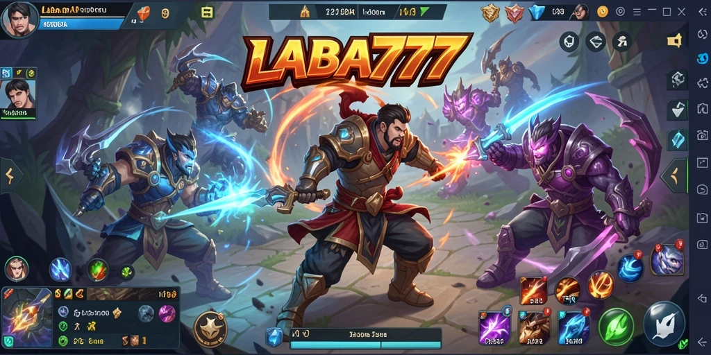 Screenshot utama LABA777 menampilkan pertarungan seru antara dua tim MOBA.